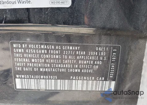 2012 Volkswagen Gti 4-Door Autobahn from USA, damaged, VIN WVWGD7AJXCW007025